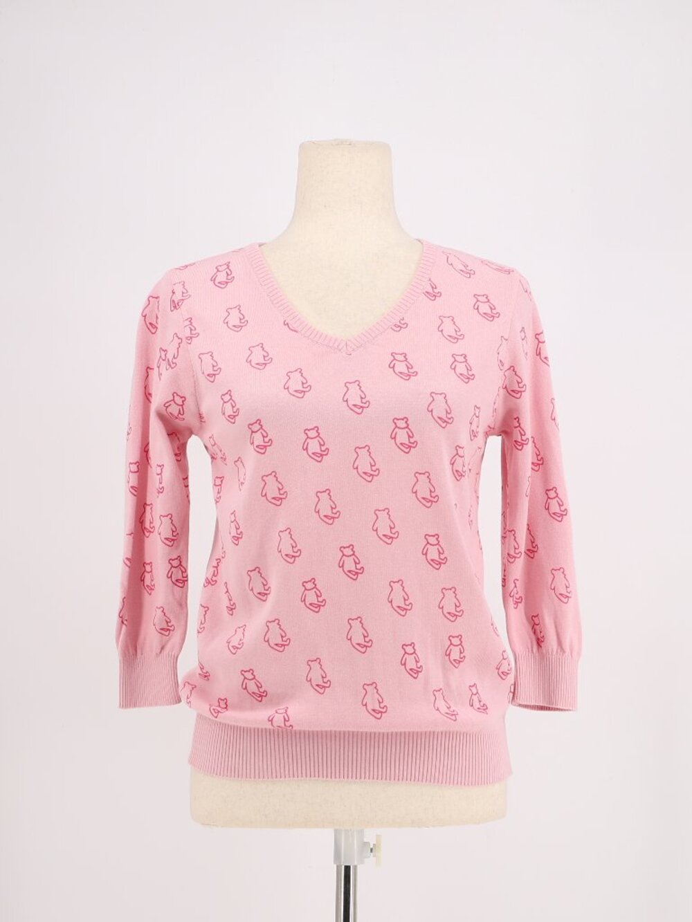 United Colors of Benetton Pink Teddy Bear Print Cotton V Neck Sweater Size M